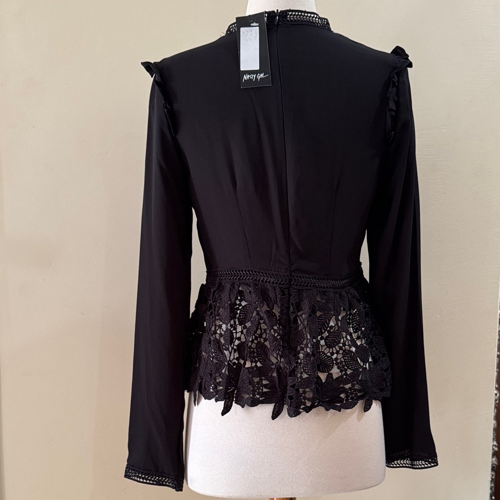 Nasty Gal Black Lace-Inset Peplum Long Sleeve Top - Picture 2 of 7